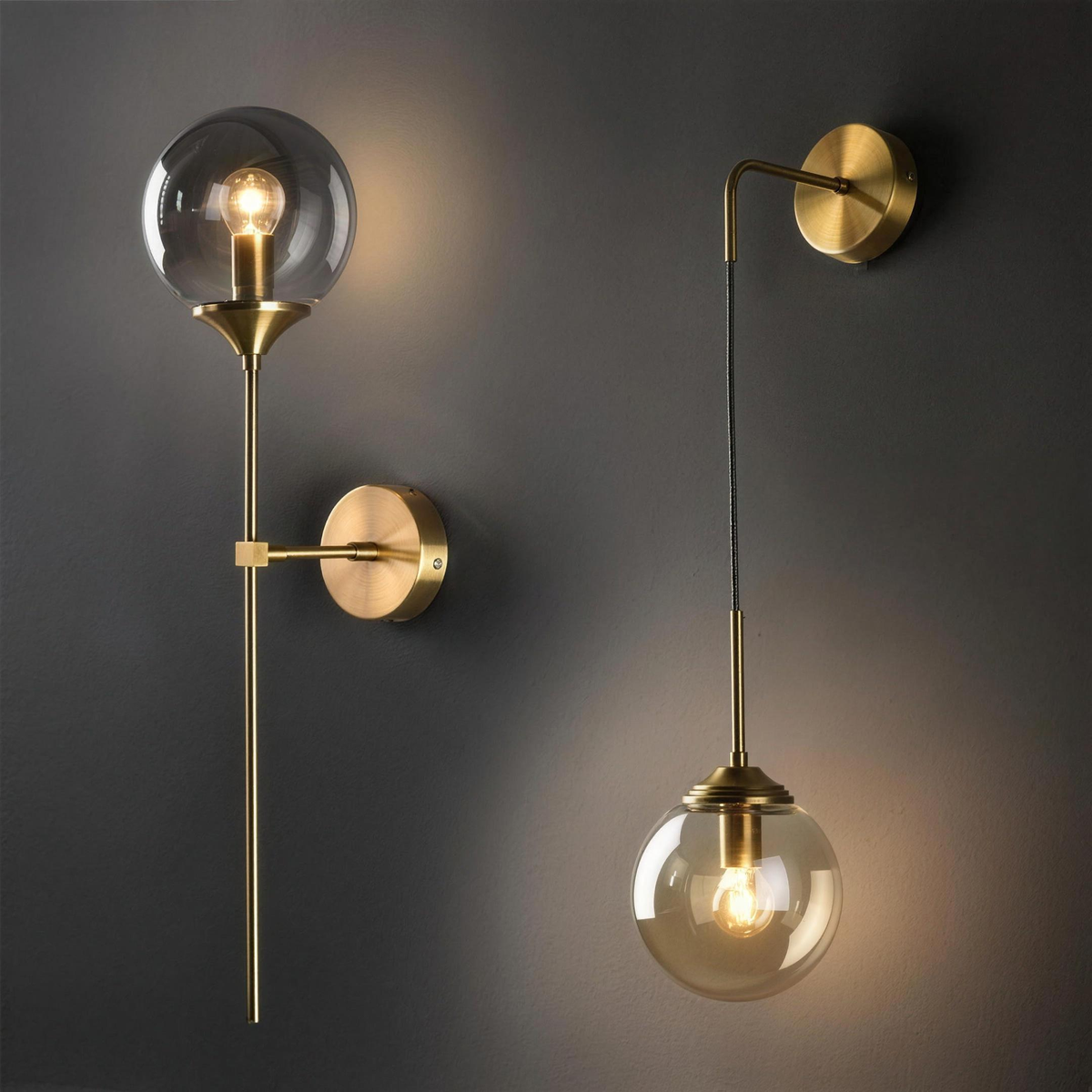 Marlow wall light in Style A and Style B, gold with smoky and amber glass - Hestia + Co.