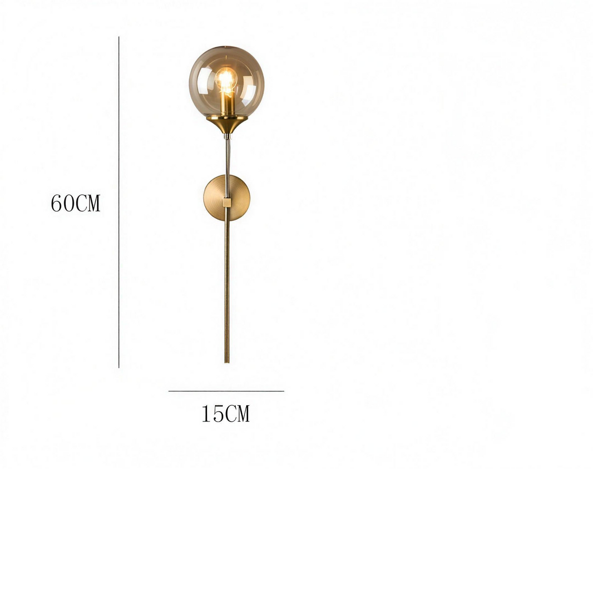 Marlow Style A wall light dimensions: 60 cm overall height, 15 cm glass globe - Hestia + Co.