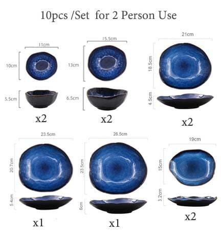 Blue Colour Ceramics Irregular Shape Dinner Sets Hestia + Co. 10pcs Set 