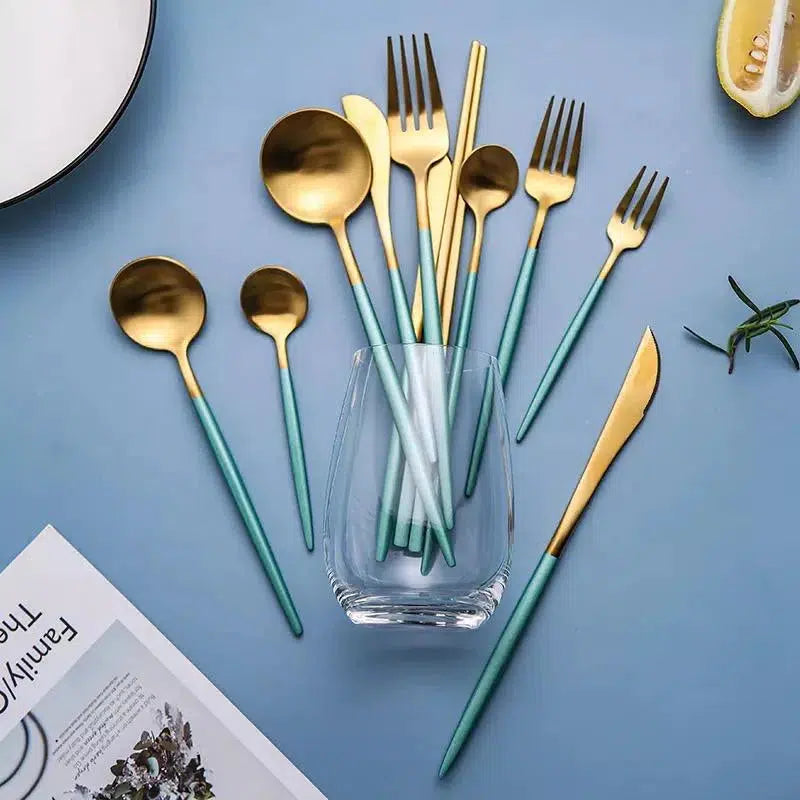 Mint Green + Gold Cutlery Set Flatware Sets Hestia + Co. 