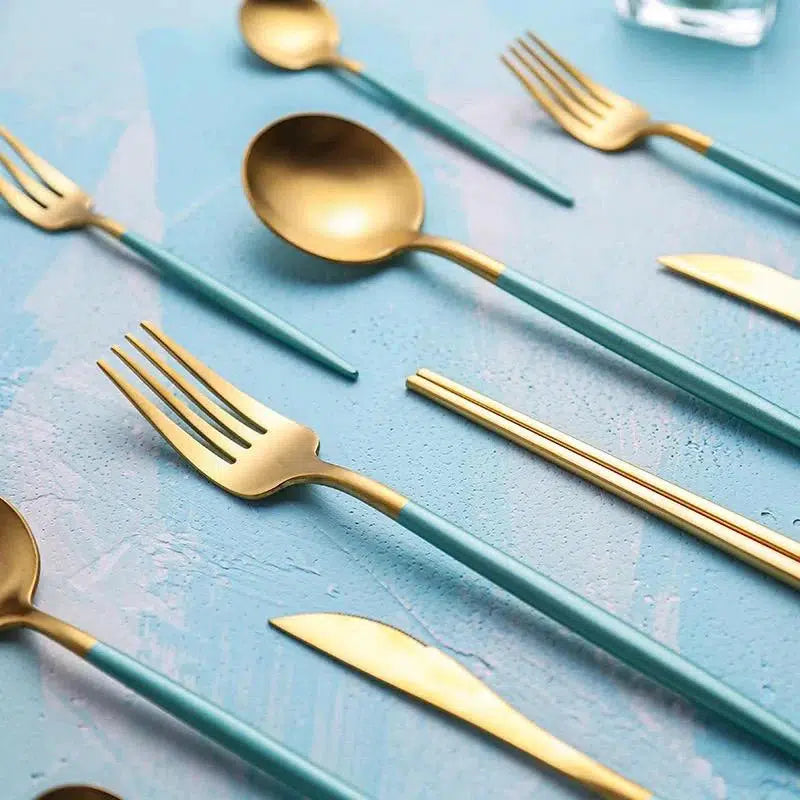 Mint Green + Gold Cutlery Set Flatware Sets Hestia + Co. 