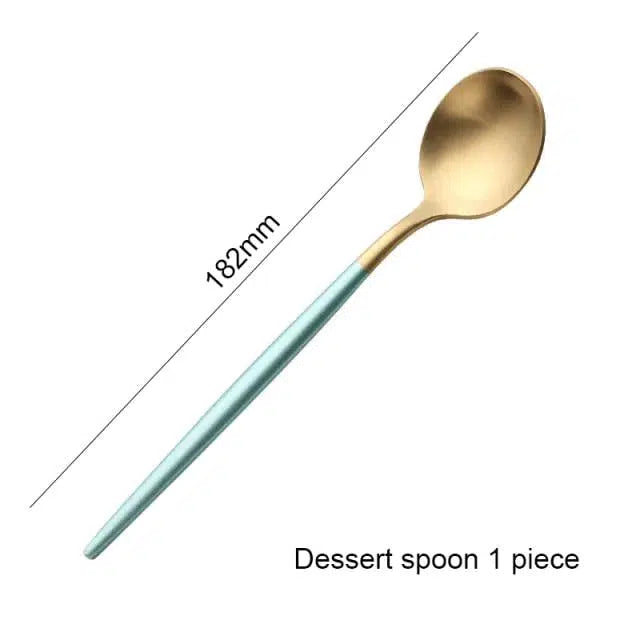 Mint Green + Gold Cutlery Set Flatware Sets Hestia + Co. Gold Dessert spoon 