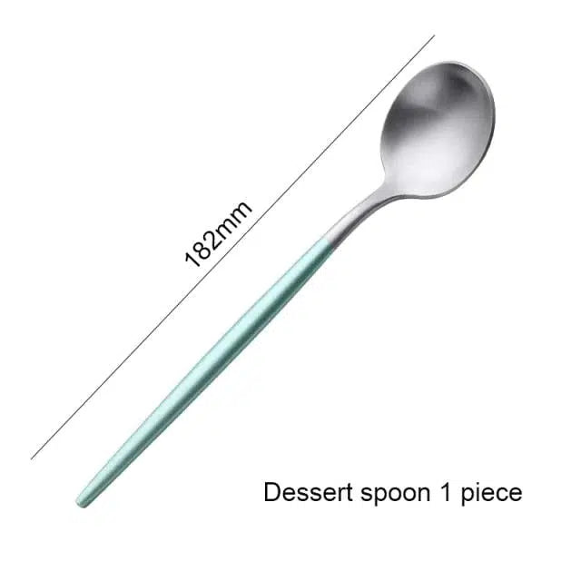Mint Green + Gold Cutlery Set Flatware Sets Hestia + Co. Silver Dessert spoon 
